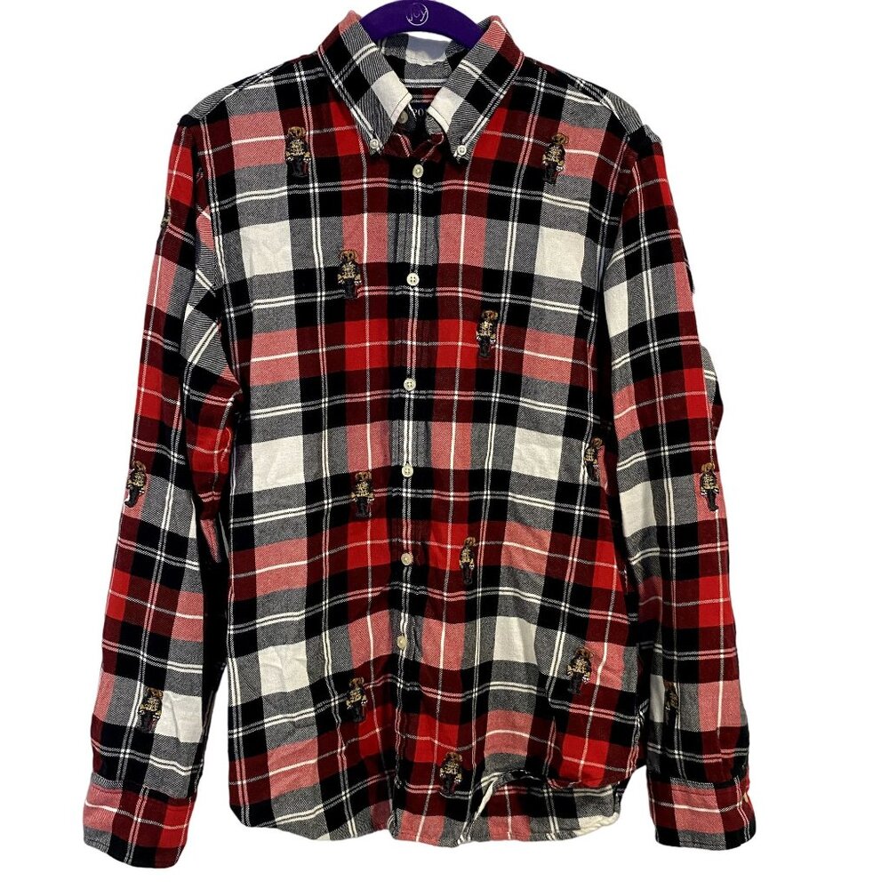 Polo Ralph Lauren Flannel‎ Plaid All Over Embroidered Holiday Teddy Bear Top Lg